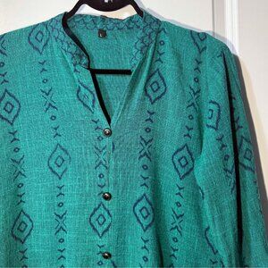 Vintage 90s Teal Geometric Tunic Button-Up – Size L